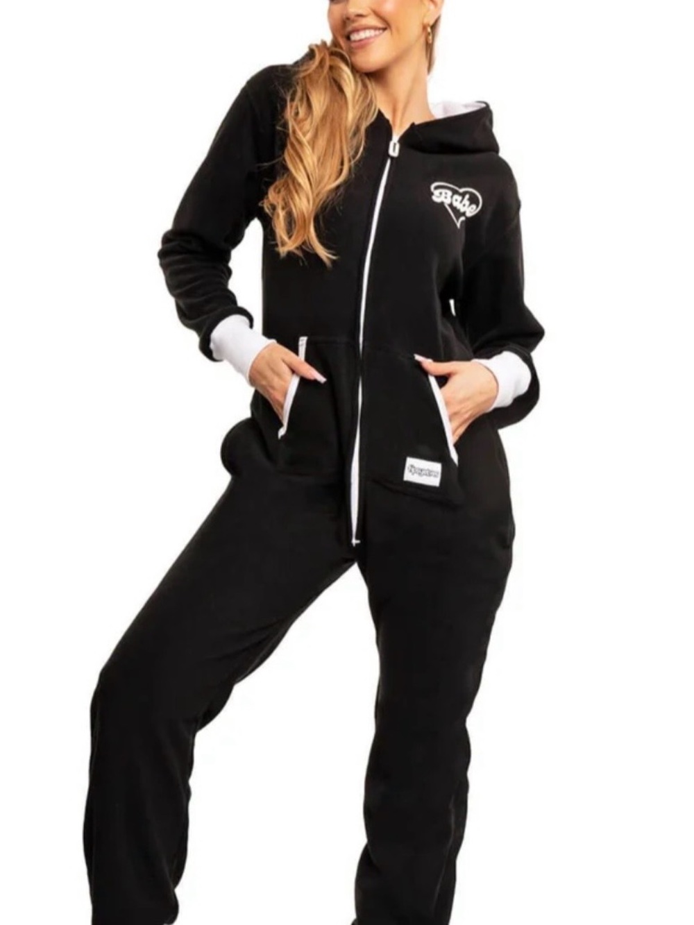 Tipsy Elves Black Hooded Zip Jumpsuit with White Trim
